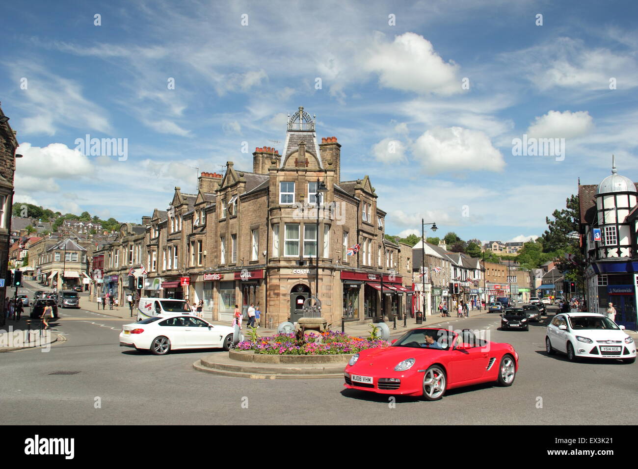 The roundabout  on Crown Square in Matlock town centre on a sunny summer's day, Derbyshire, England Stock Photo