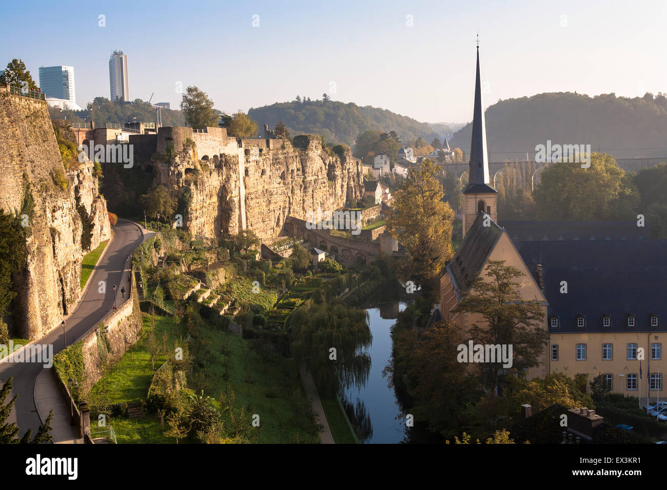 LUX, Luxembourg, city of Luxembourg, St. Jean Baptiste church at the district Grund, river Alzette, Bock casemates.  LUX, Luxemb Stock Photo