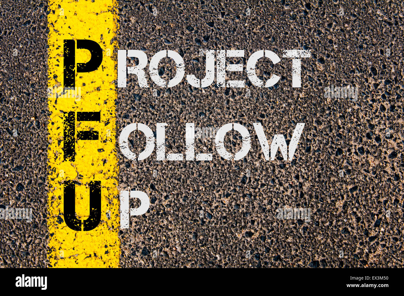 Concept image of Business Acronym PFU as Project Follow Up written over road marking yellow painted line. Stock Photo