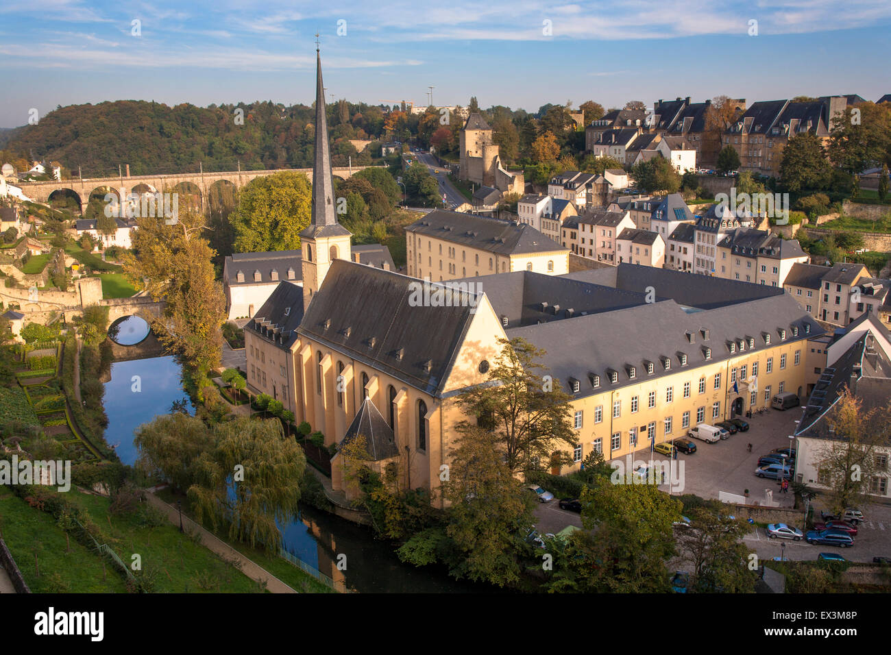 LUX, Luxembourg, city of Luxembourg, St. Jean Baptiste church and the Abbaye de Neumuenster at the district Grund, river Alzette Stock Photo