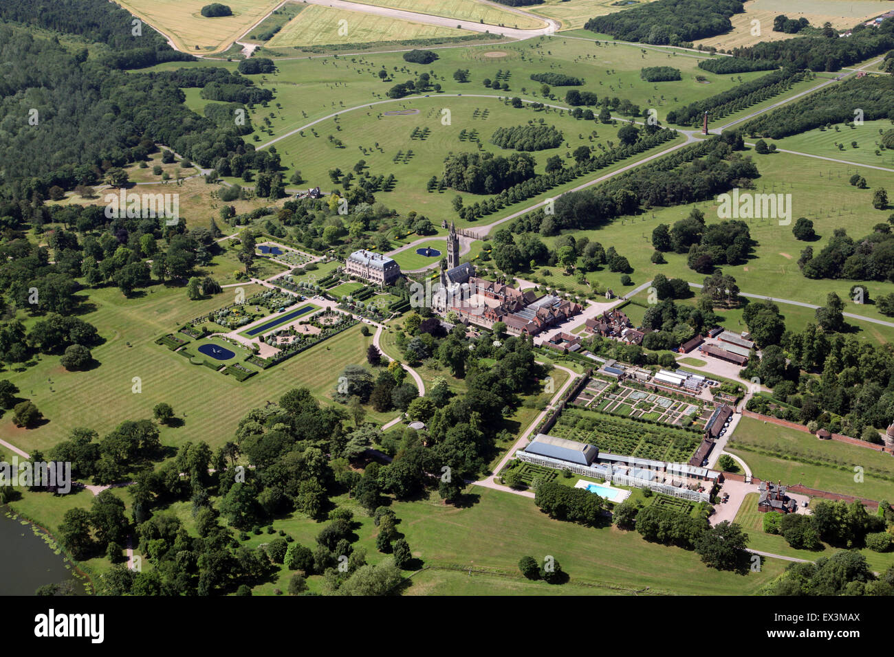 aerial view of Eaton Hall on the Duke of Westminster Eaton Estate in Cheshire, UK Stock Photo