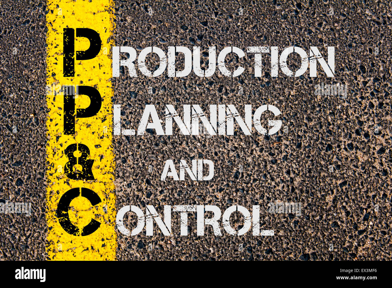 Concept image of Business Acronym PPC as Production Planning and Control  written over road marking yellow painted line Stock Photo - Alamy