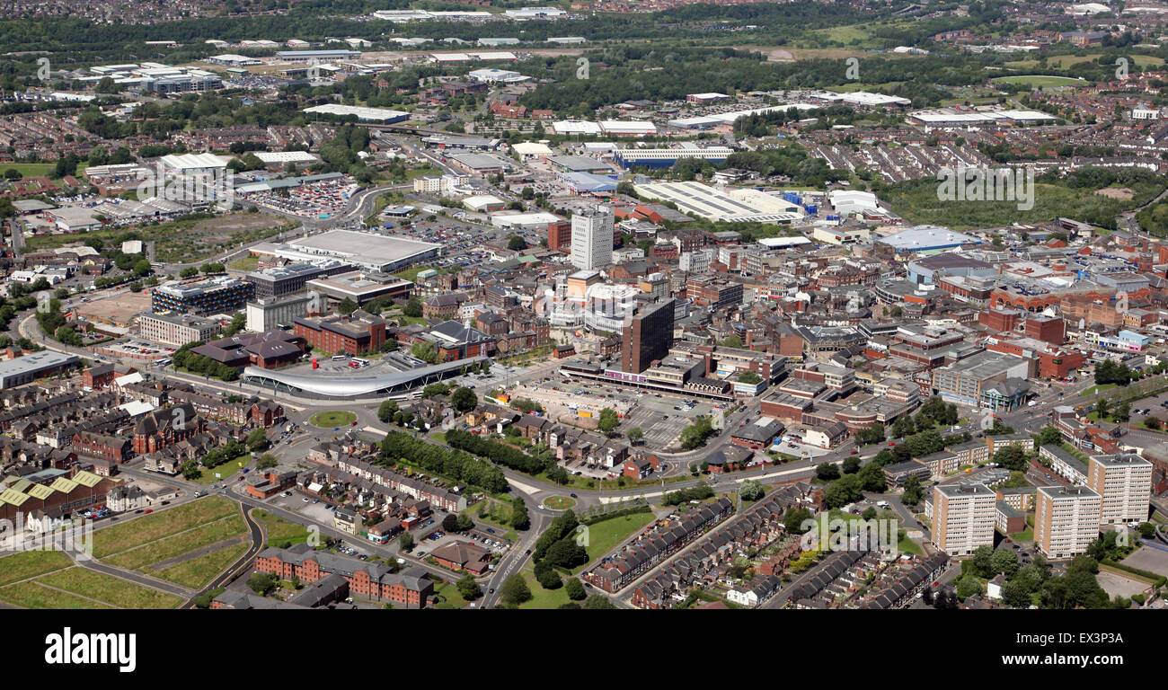 aerial skyline view of Hanley in Stoke on Trent, Staffordshire, UK (this view from the East with the curve-fronted bus station prominent) Stock Photo