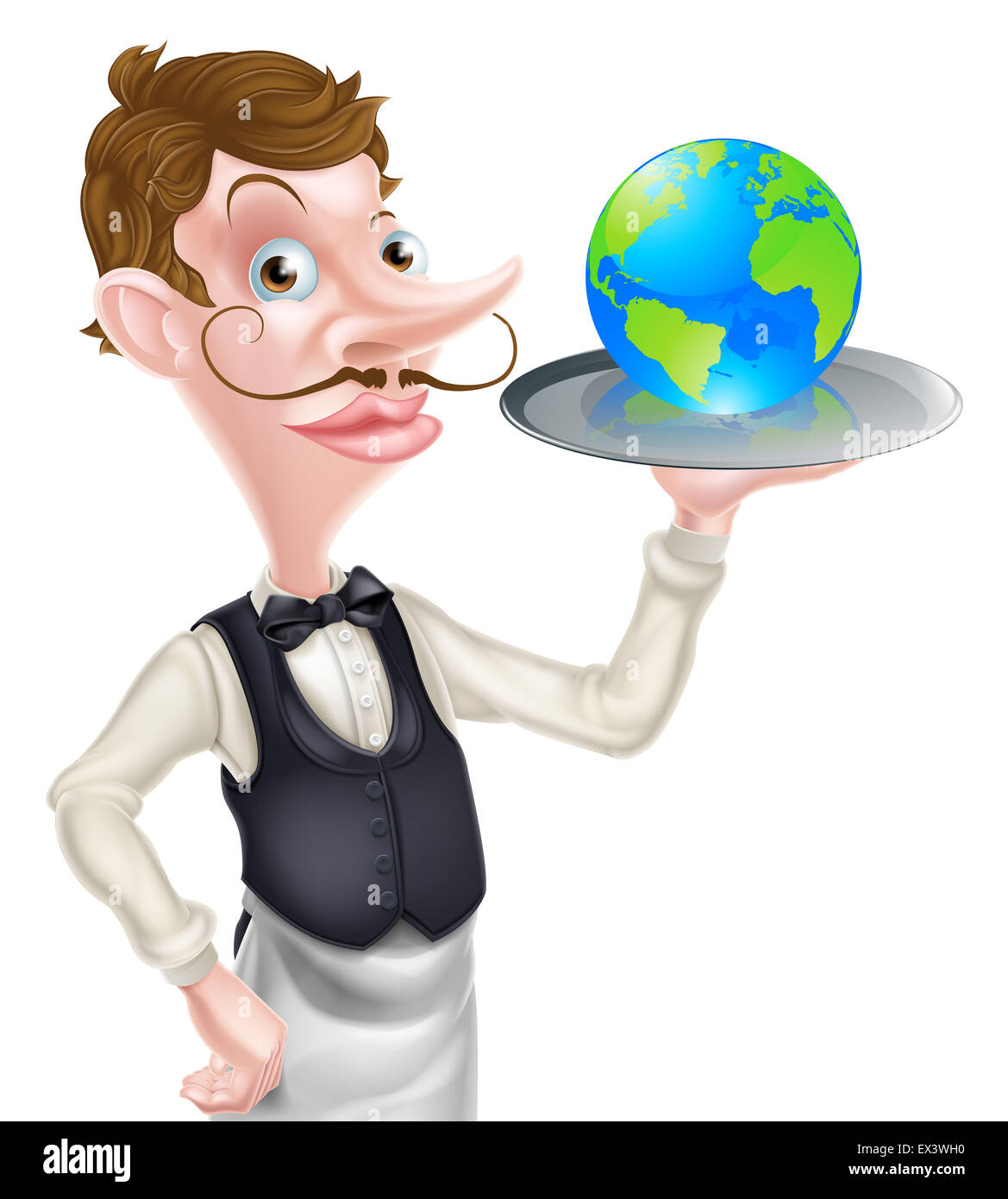 World food concept of a posh looking waiter holding a world globe Stock Photo