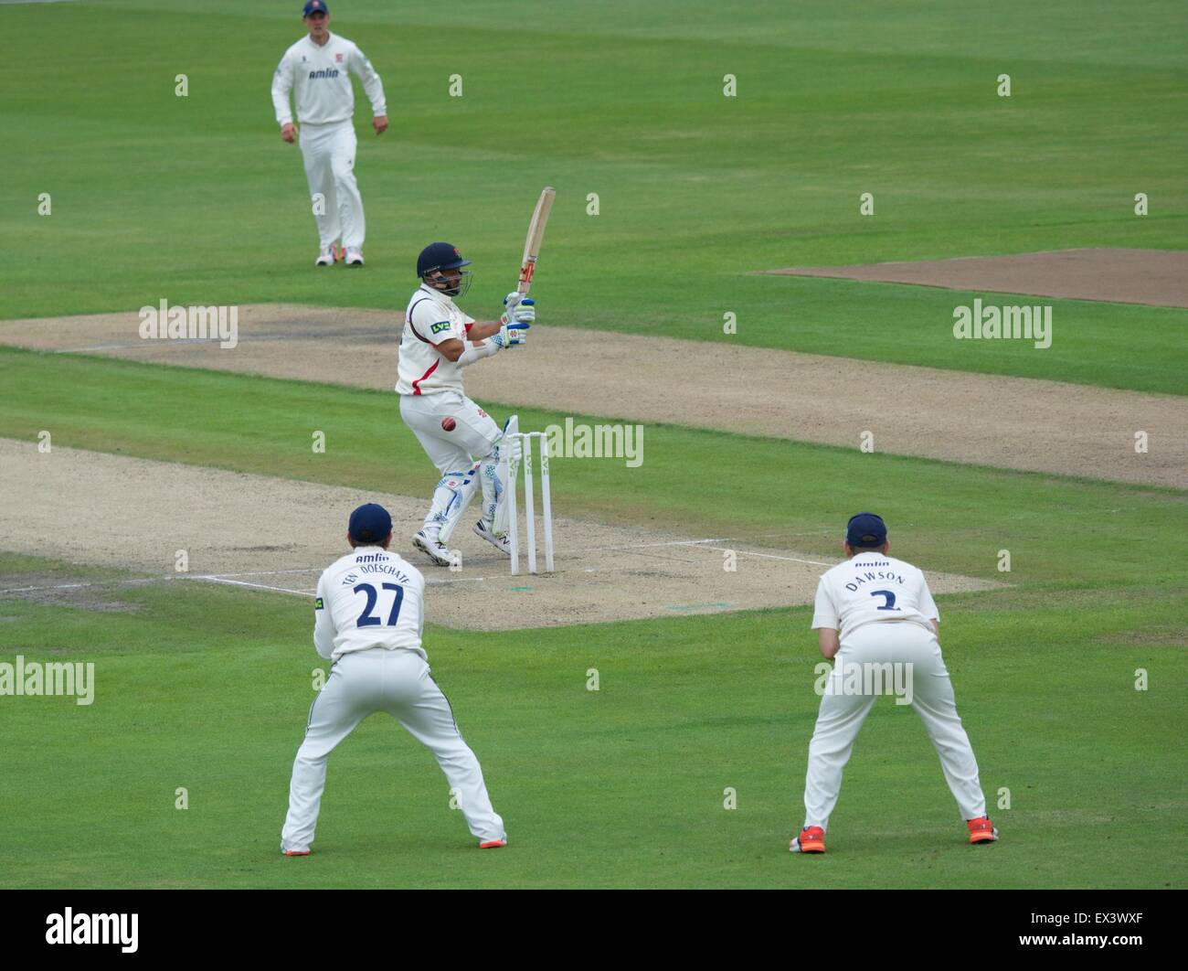 Manchester, UK. 6th July, 2015. Ashwell Prince (Lancs) almost plays on on the first day of the County Championship match between Lancashire and Essex at Emirates Old Trafford. Cricket Lancashire v Essex Manchester, UK Credit:  John Fryer/Alamy Live News Stock Photo