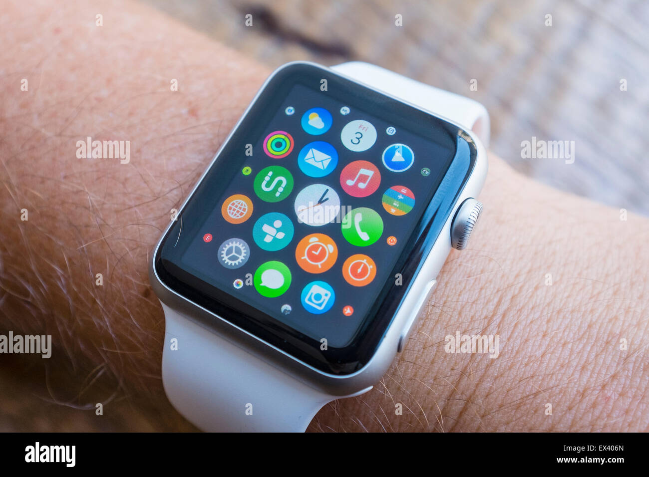 Detail of many apps on screen of an Apple Watch Stock Photo