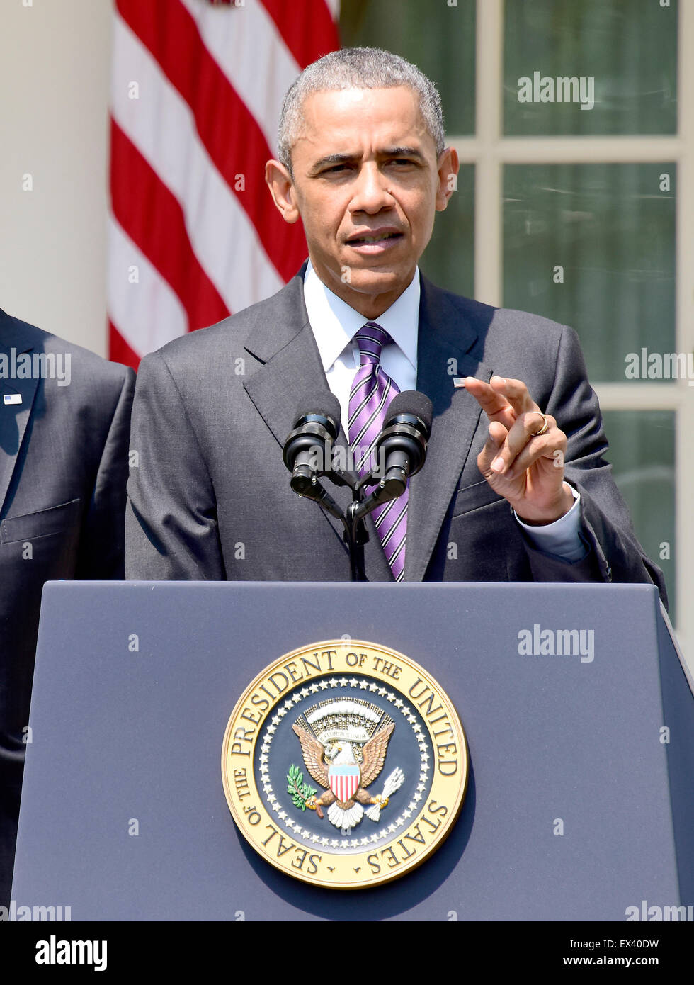 United States President Barack Obama announces the restoration of formal diplomatic relations with the island nation of Cuba in the Rose Garden of the White House in Washington, DC on Wednesday, July 1, 2015. Credit: Ron Sachs/Pool via CNP Stock Photo