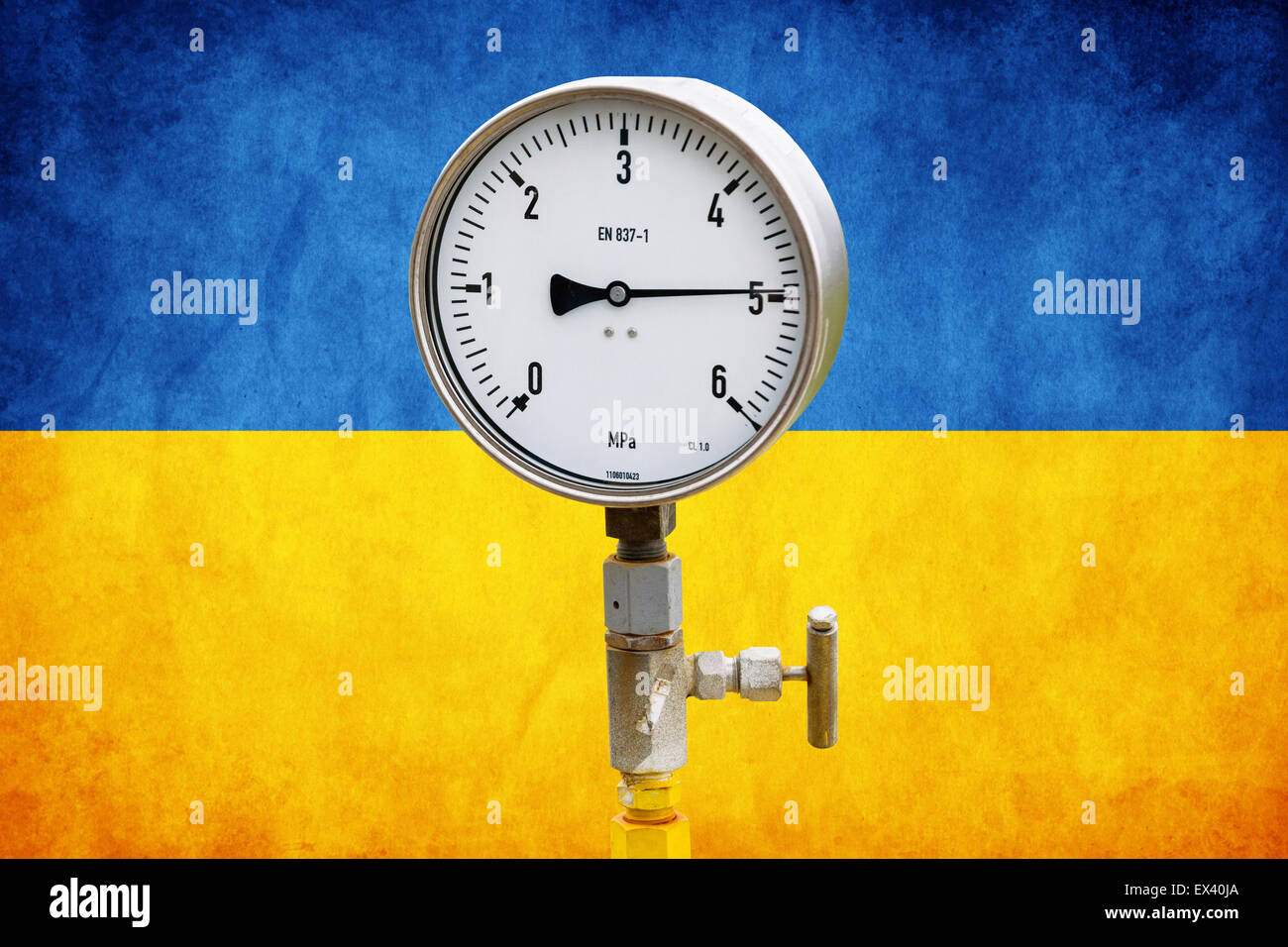 High pressure reading on gas wellhead isolated on flag Ukraine Stock Photo