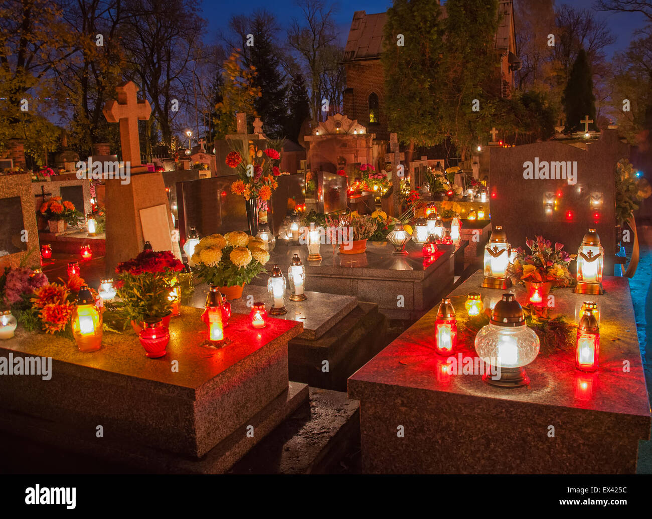 Сemetery with candles on the graves. Poland, Krakow Stock Photo Alamy