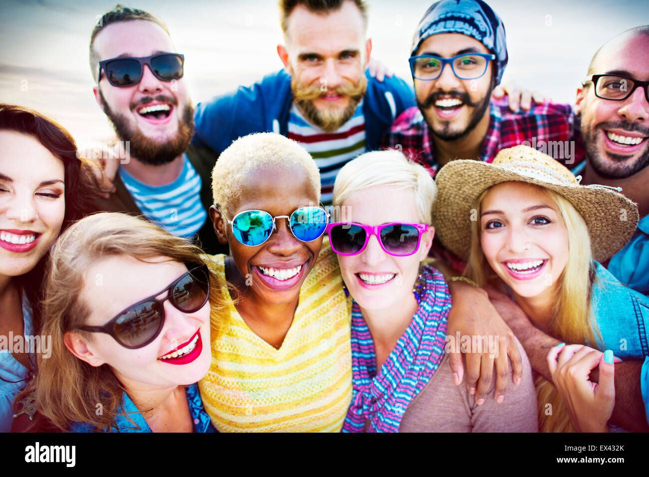Friends Huddle Cheerful Union Summer Concept Stock Photo