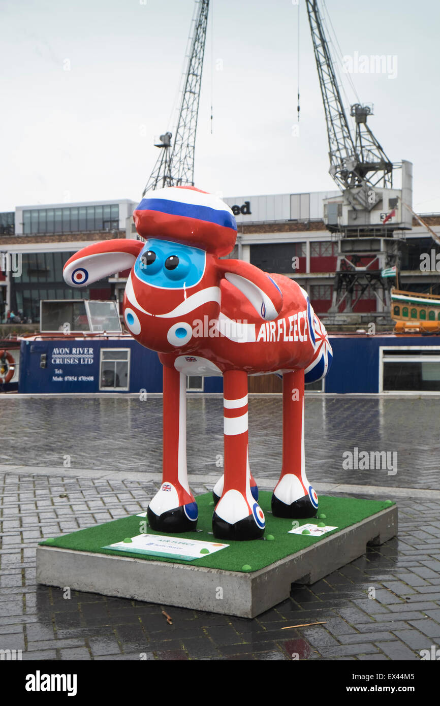 Bristol, UK. 6th July, 2015. 70 giant sculptures of the Ardman animation character Shaun the Sheep have been placed all around the city of Bristol. Each has been individually decorated and sponsored. The objective is to raise funds for The Grand Appeal, the Bristol Childrens Hospital Charity which supports sick children and babies. Credit:  Mr Standfast/Alamy Live News Stock Photo