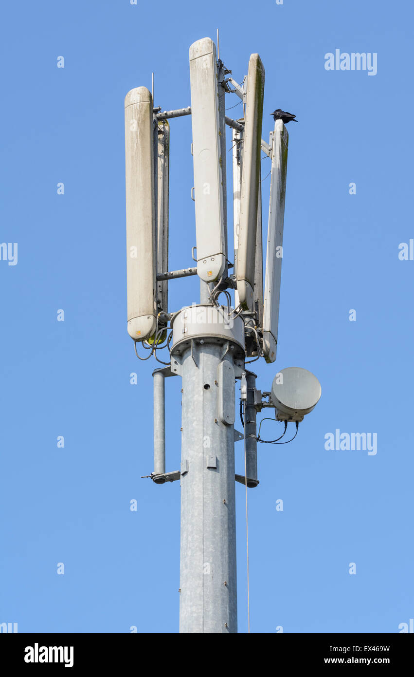Cellular phone mast against blue sky. Mobile phone mast. Cell phone tower mast in the UK. Stock Photo