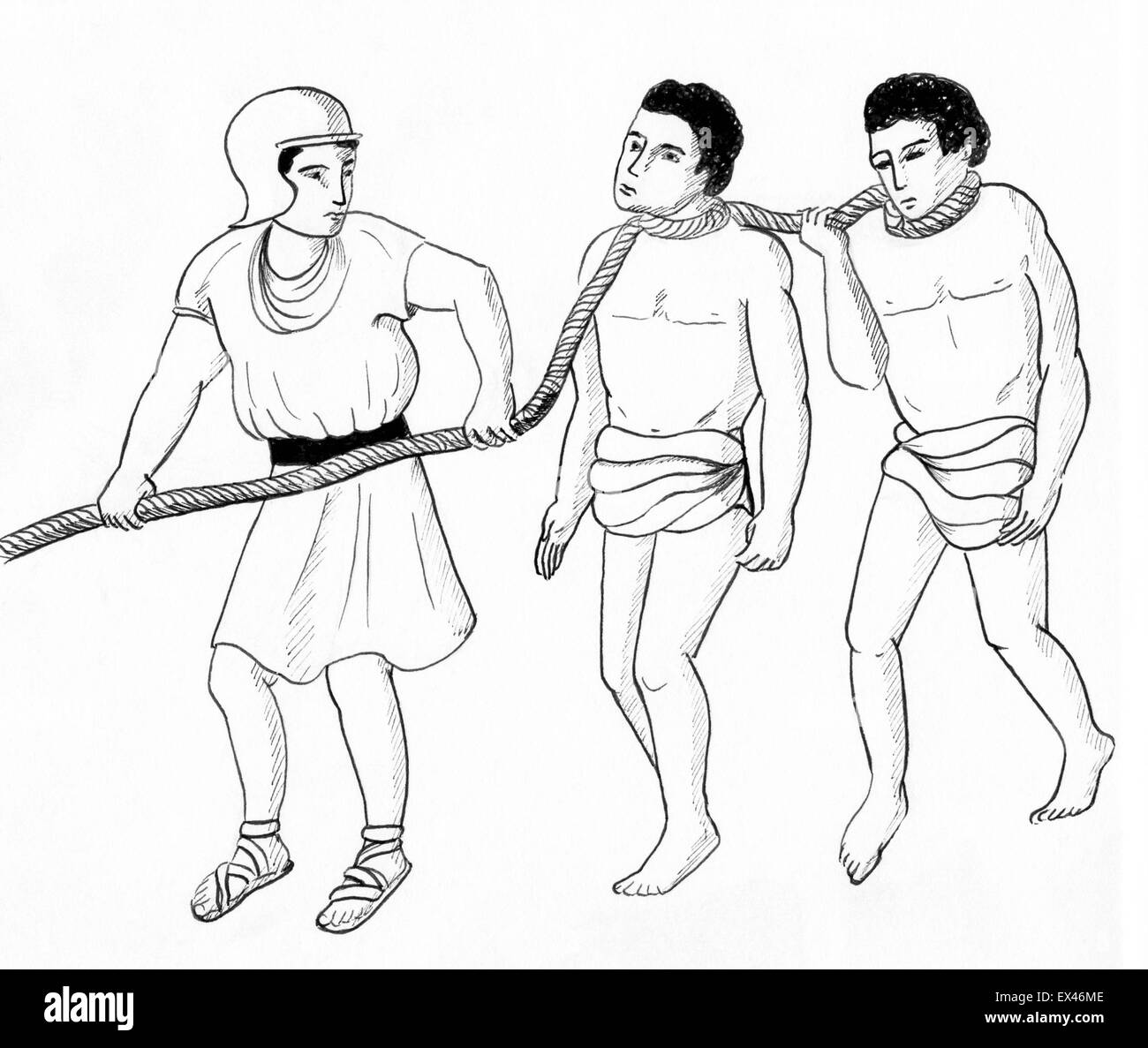 Line drawing of Roman or Greek slaves being led to market. Stock Photo