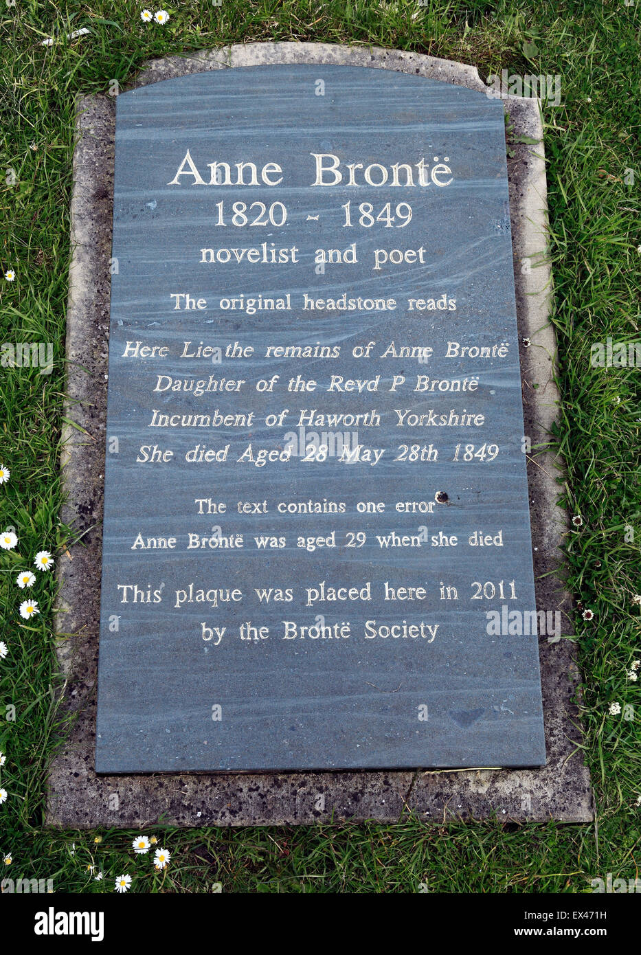 Anne Bronte gravestone, Scarborough, copy of original text, Yorkshire England UK churchyard, English 19th century novelist Stock Photo