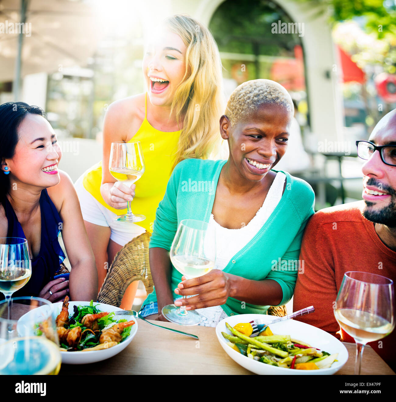 Diverse People Luncheon Outdoors Food Concept Stock Photo