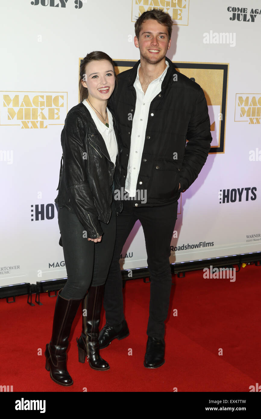 Sydney, Australia. 6 July 2015. Home & Away actress Philippa Northeast and Isaac Brown arrive on the red carpet at the Qantas Credit Union Arena in Sydney for the movie premiere of Magic Mike XXL. Credit: Credit:  Richard Milnes/Alamy Live News Stock Photo