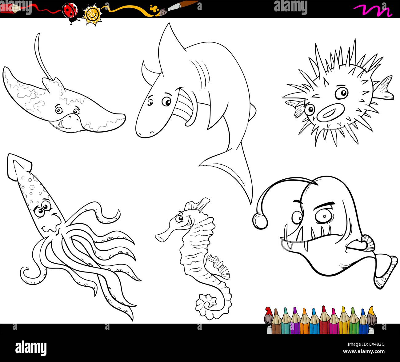 Coloring Book Cartoon Illustration of Sea Life Animals Characters Set ...