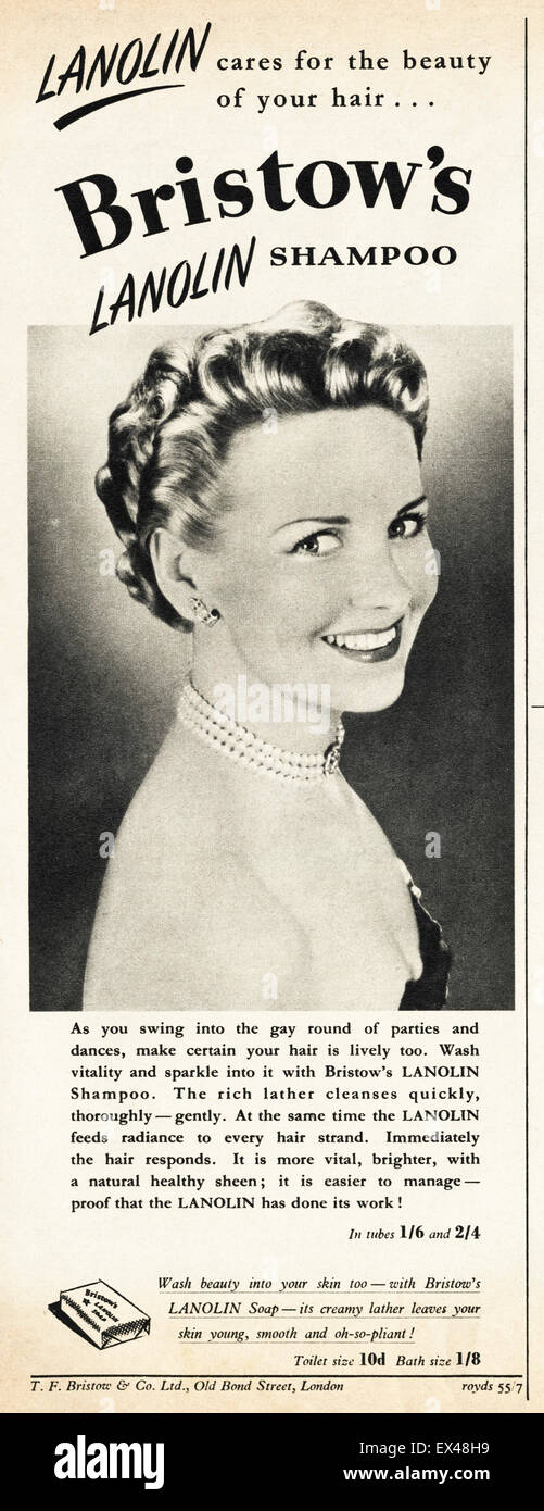 1950s advertisement circa 1952 magazine advert for BRISTOW'S Lanolin Shampoo Stock Photo