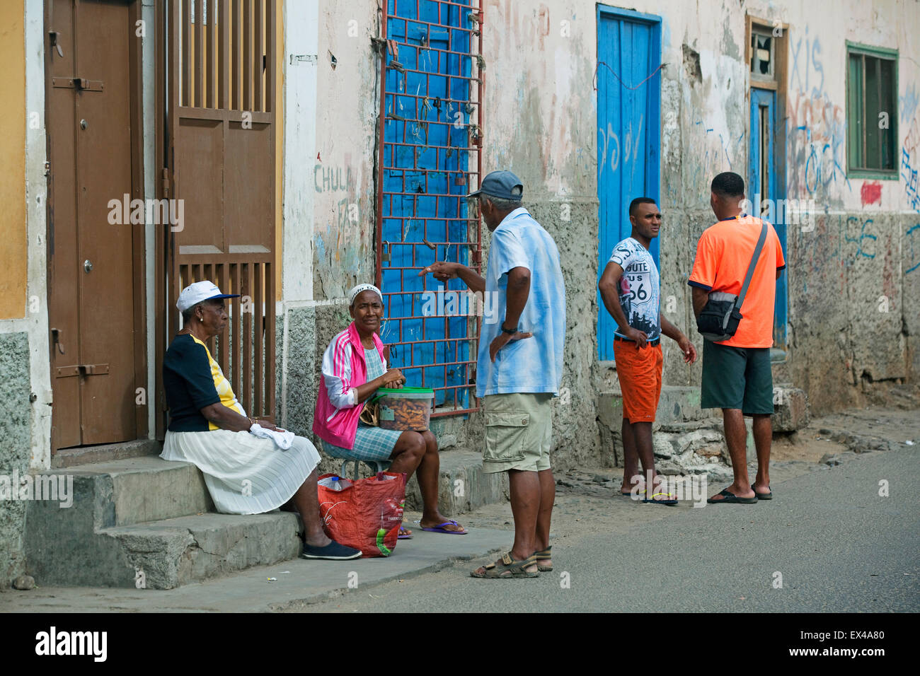 Creole people in the old colonial historic center of Mindelo on the island  São Vicente, Cape Verde / Cabo Verde, Western Africa Stock Photo - Alamy