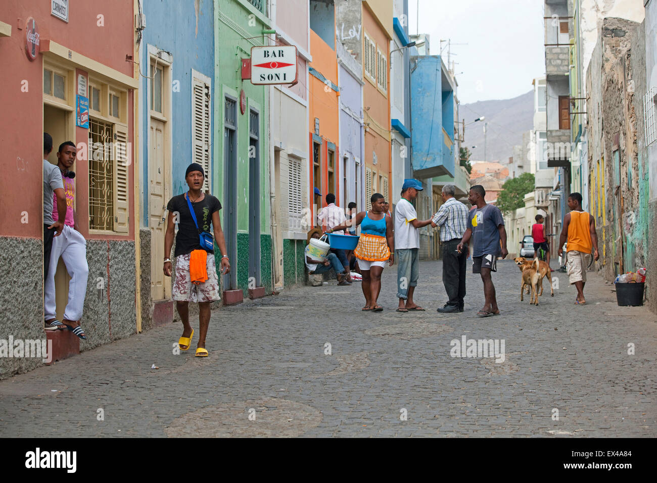 Creole youngsters in the old colonial historic center of Mindelo on the island São Vicente, Cape Verde / Cabo Verde, Africa Stock Photo