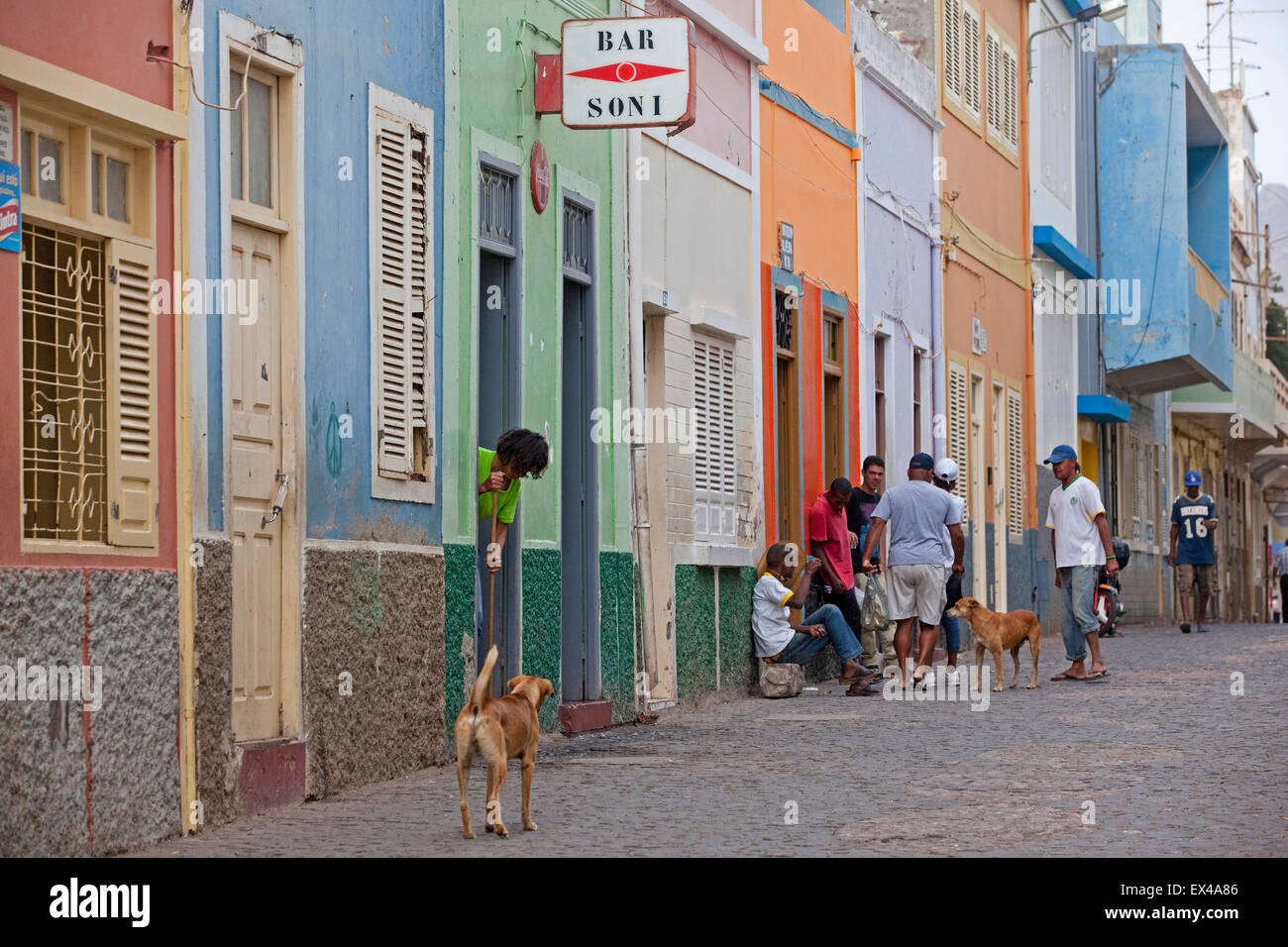 Creole people in the old colonial historic center of Mindelo on the island São Vicente, Cape Verde / Cabo Verde, Western Africa Stock Photo