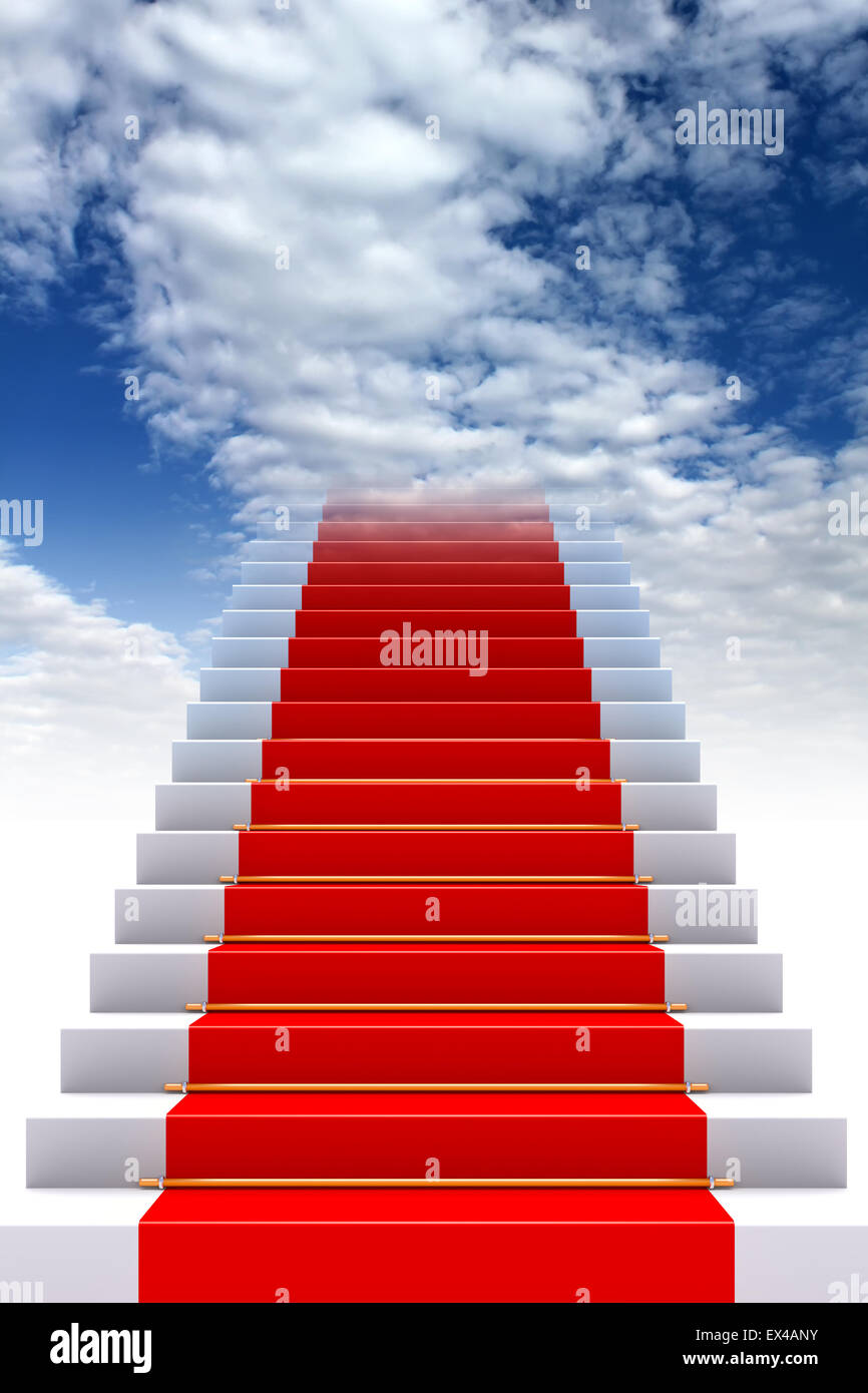 3d Rendering Of The Red Carpet On Stairs To Heaven Stock Photo