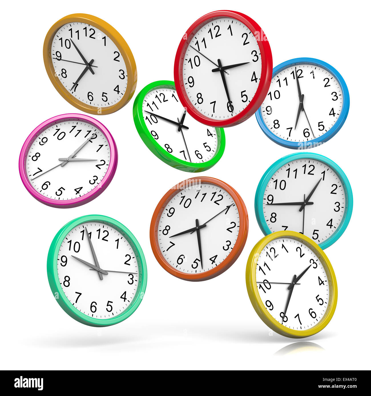 Colorful Wall Clocks Falling Down on White Background 3D Illustration