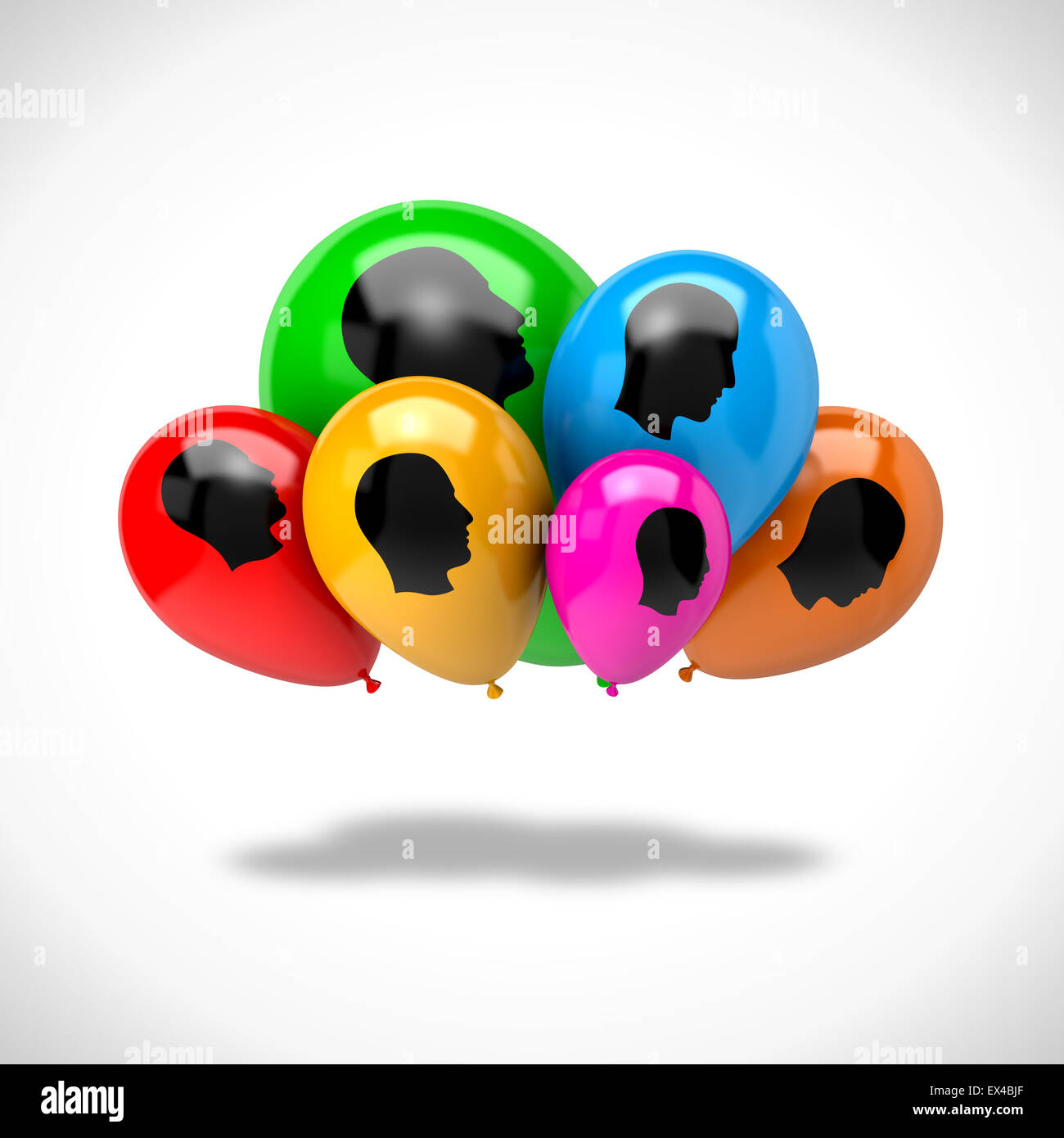 Bunch of Vibrant Color Balloons with Head Profile Symbols on White Background 3D Illustration, Cloud Computing Concept Stock Photo