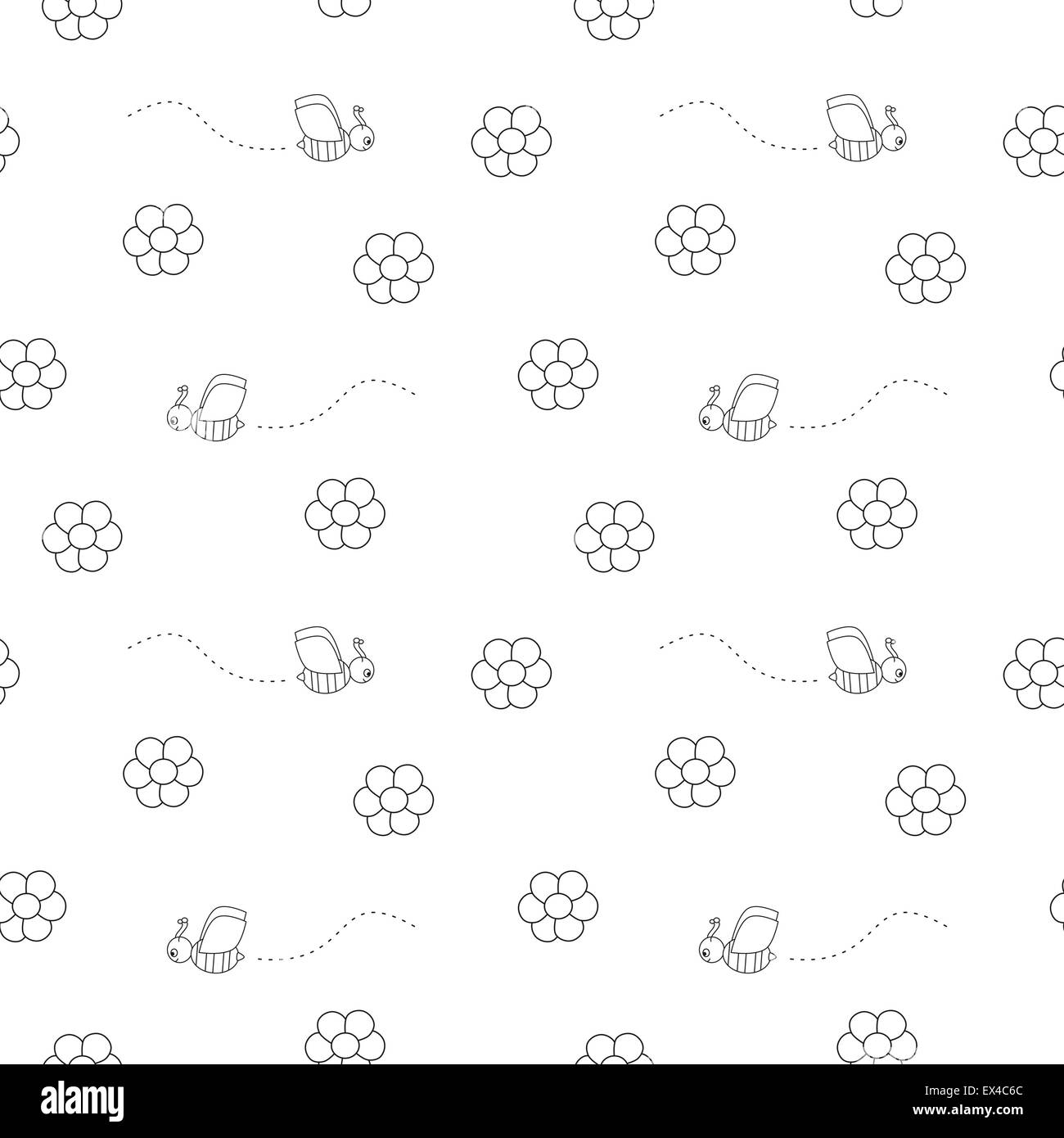 monochrome daisy flowers and bee black white seamless pattern Stock ...