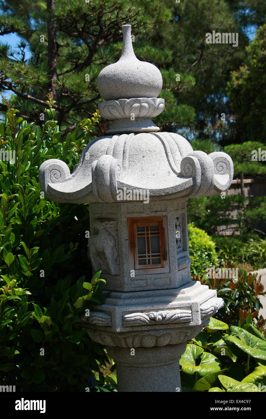 Stone Lantern, Jardin Japonais, Monaco. Japanese Garden Ornament. Stock Photo