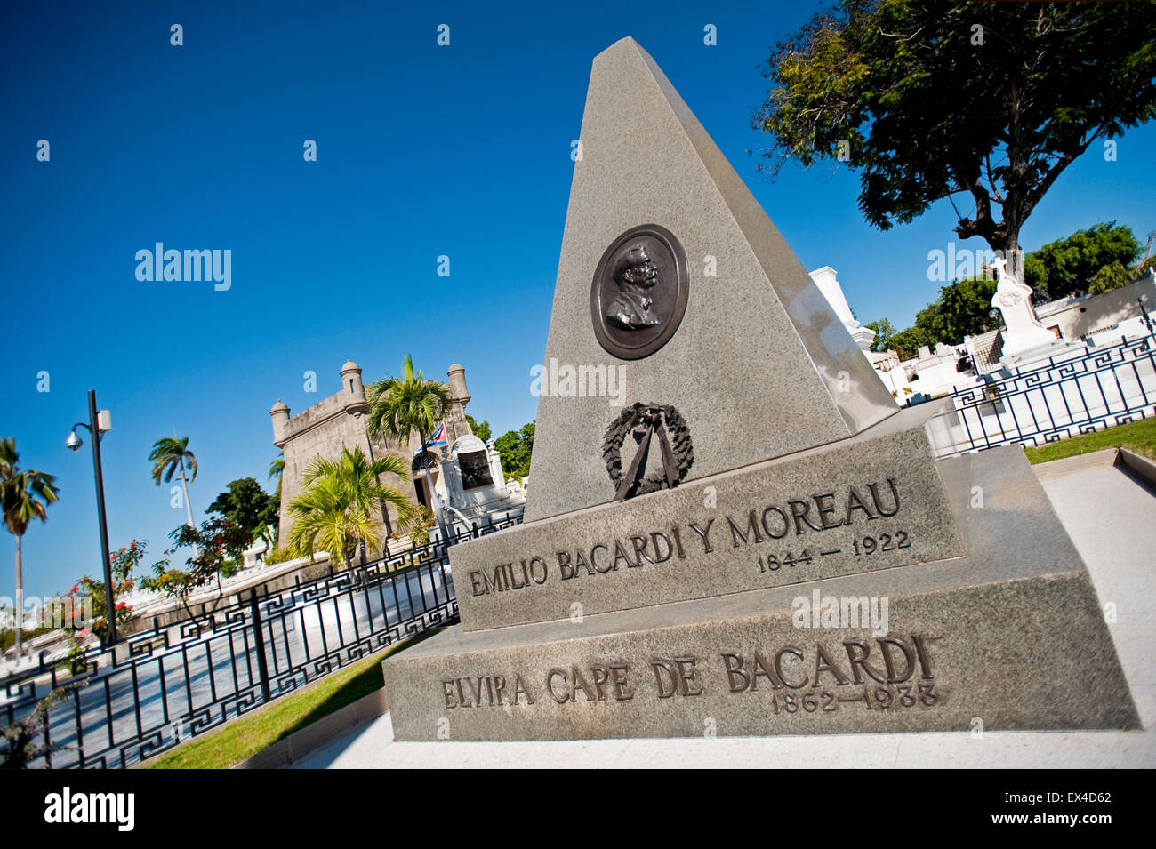 Horizontal view of Emilio Bacardi Moreau family grave in Santiago de Cuba, Cuba. Stock Photo