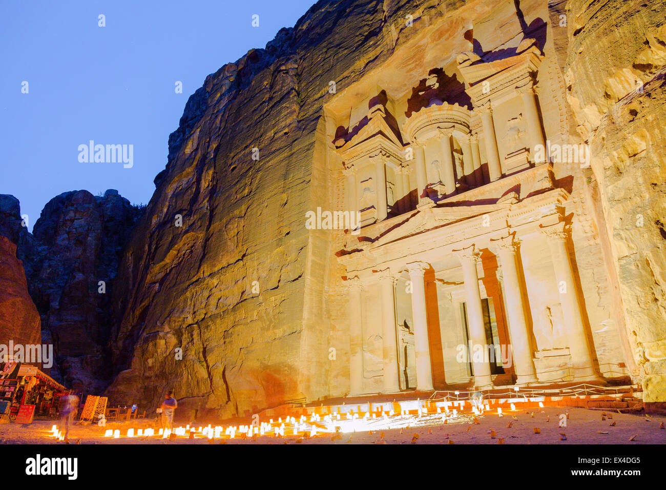 Petra, Jordan, 8th June. Incredible view of the Treasury at Petra at night. Stock Photo