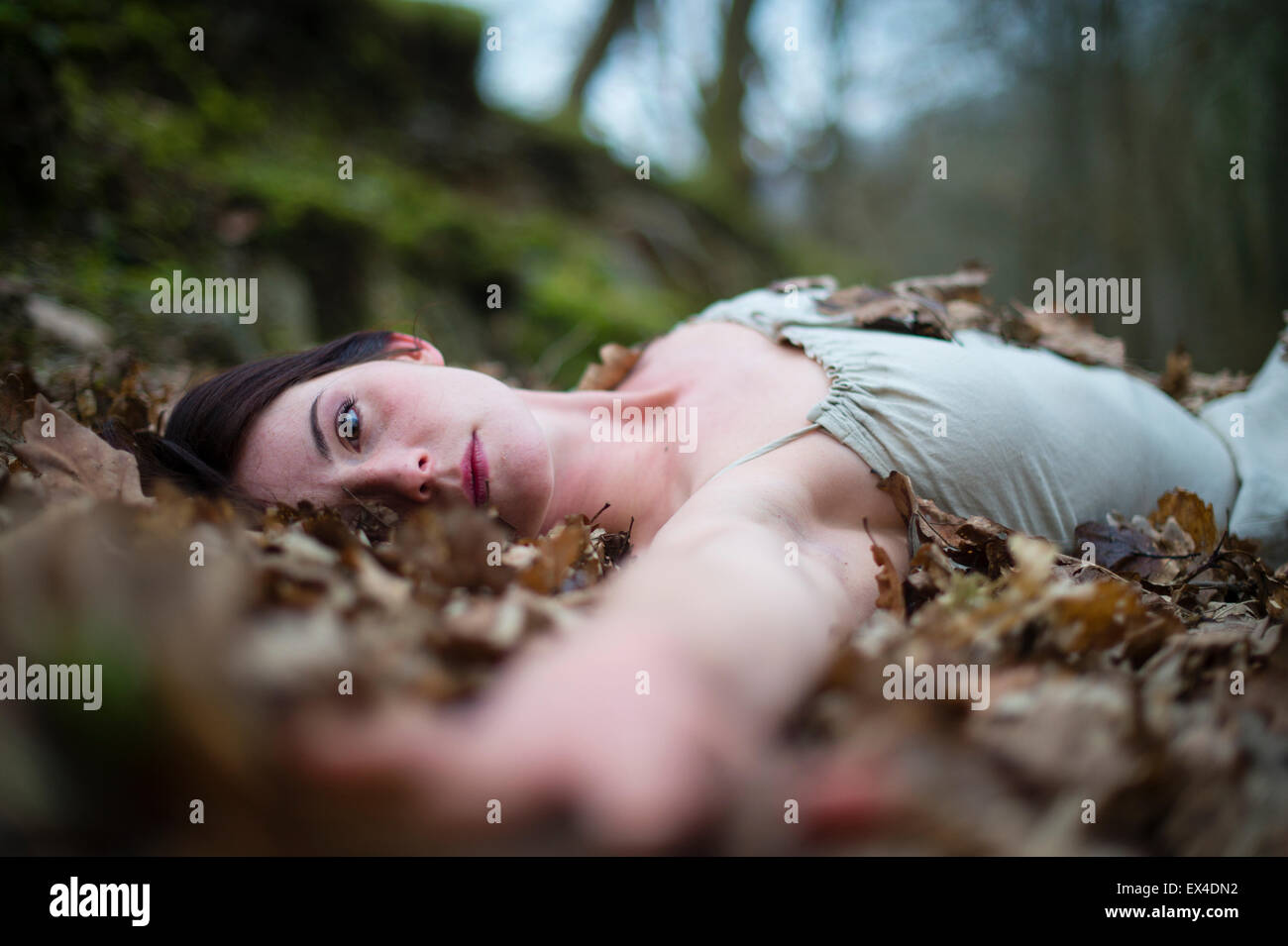 A young dark-haired caucasian woman girl  alone by herself in a bleak woodland forest lying on her back a bed of fallen leaves Stock Photo