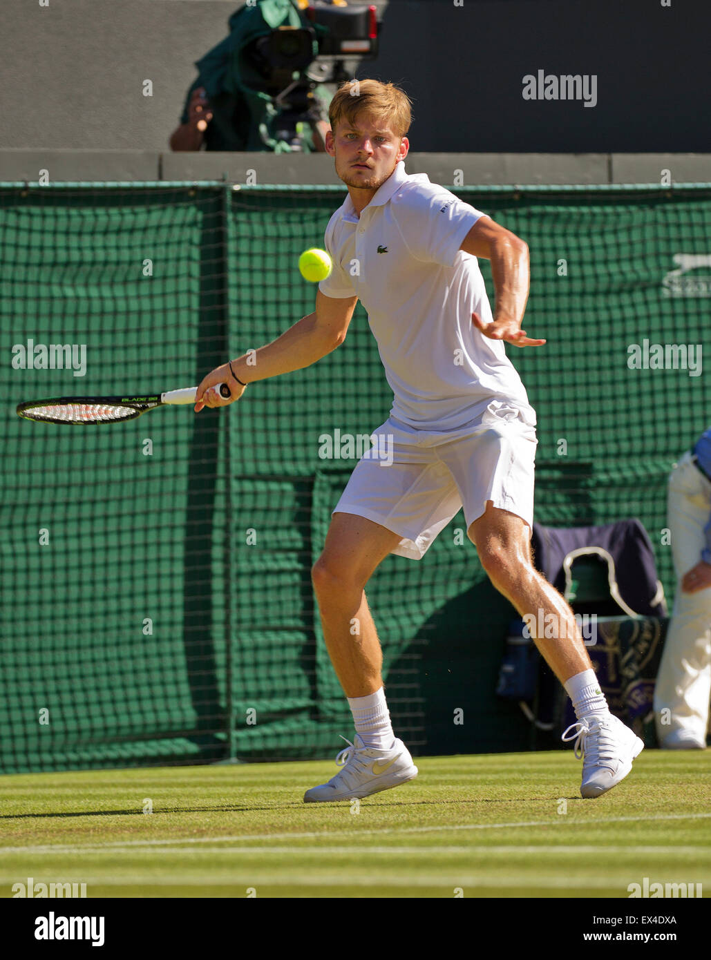 Wimbledon, London, UK. 6th July, 2015. Tennis, Wimbledon, David Goffin (BEL) in action against Stan Wawrinka (SUI)    Credit:  Henk Koster/Alamy Live News Stock Photo