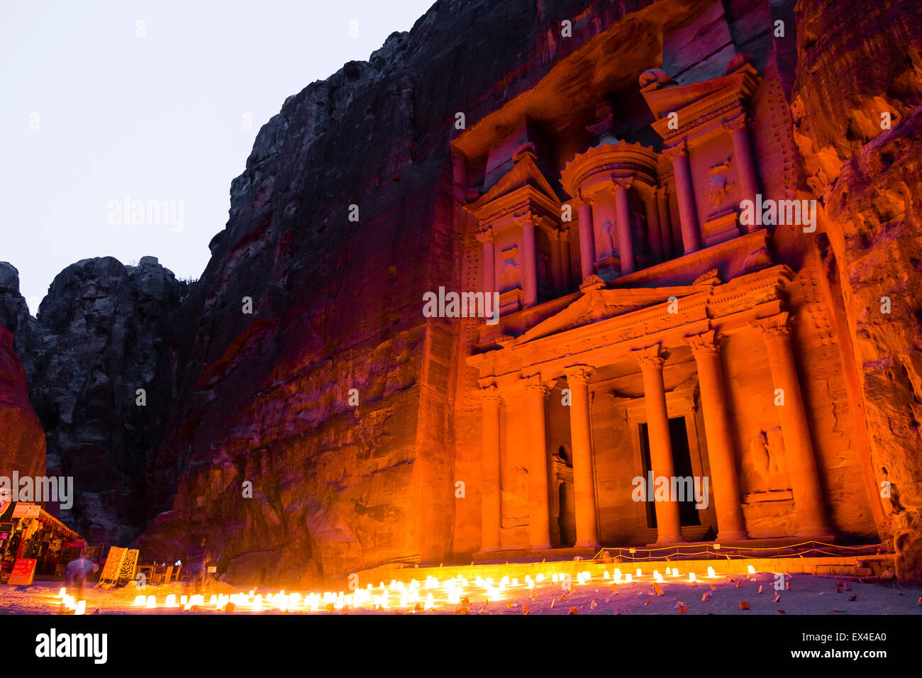 Petra, Jordan, 8th June. Incredible view of the Treasury at Petra at night. Stock Photo