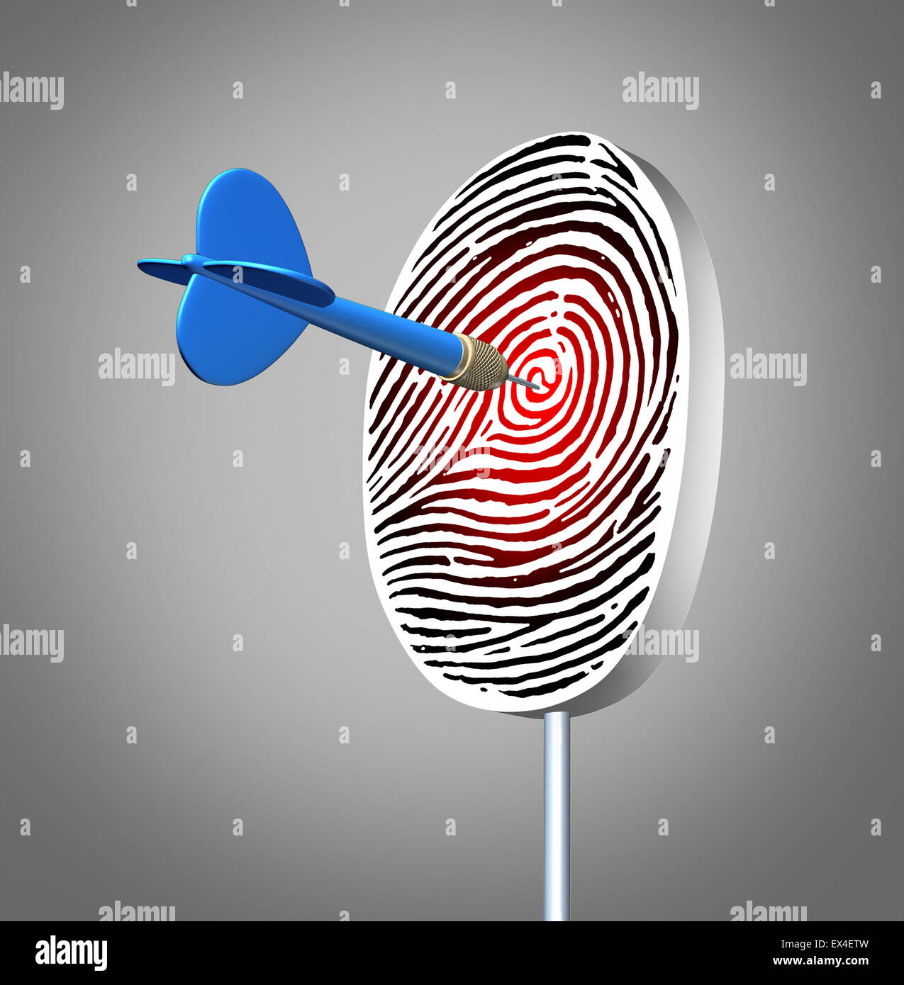 Personal identification concept as an ID fingerprint or finger print dart  board with a dart hitting the bulls eye as a security Stock Photo - Alamy