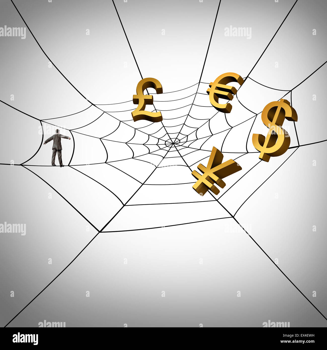 Web business concept and earning global money from the internet as a businessman walking on a spider web symbol with currency icons trapped in the network as an entrepreneur collecting income from international internet sales. Stock Photo