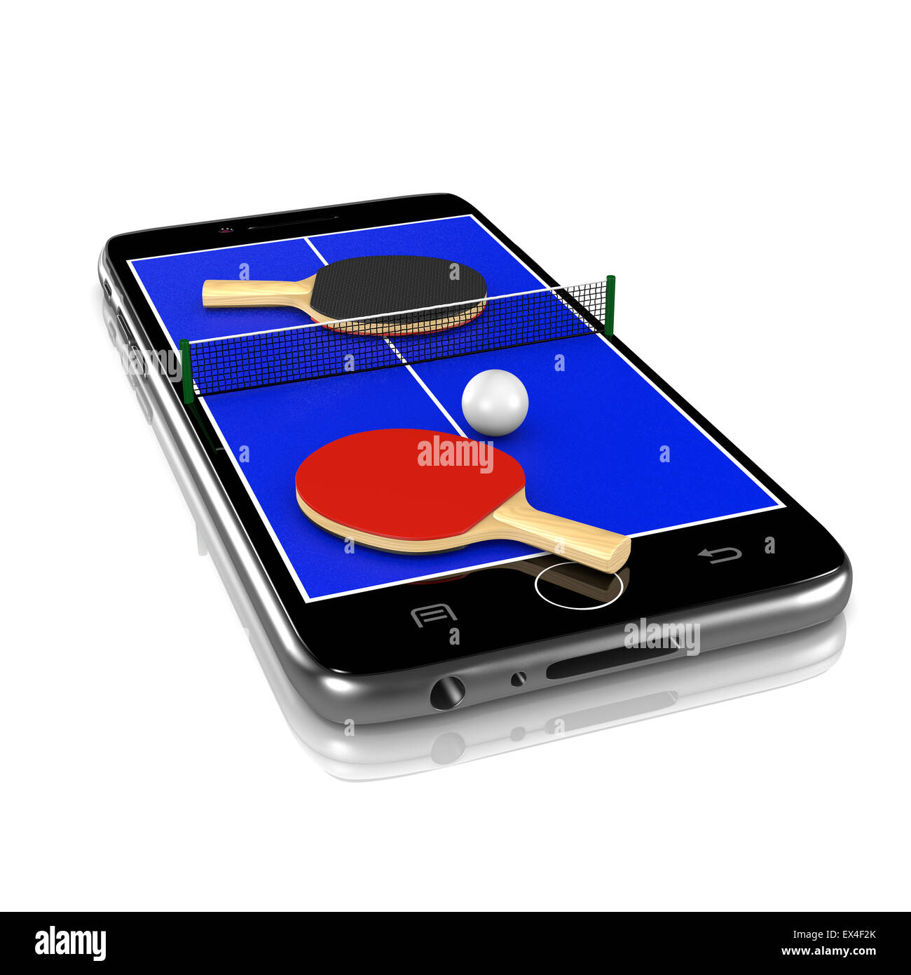 Ping-Pong Table Tennis Field with Ball, Net and Rackets Equipment on Smartphone Display 3D Illustration Isolated on White Backgr Stock Photo