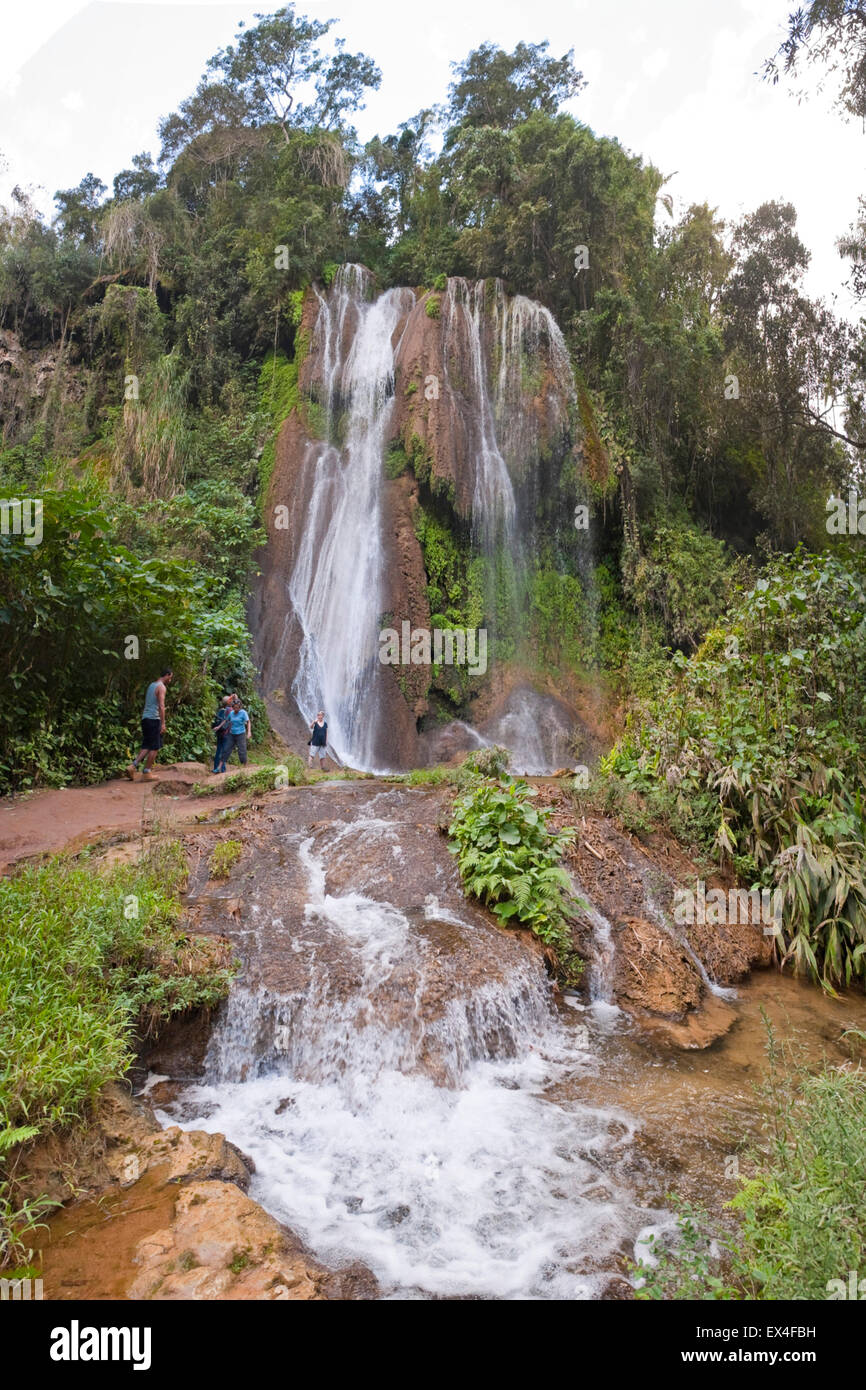 Vertical (2 picture vertical stitch) view of waterfalls in Topes de Collantes National Park in Cuba. Stock Photo