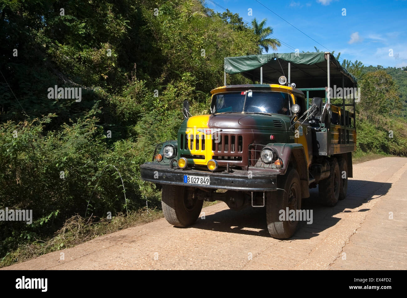 Horizontal view of an old Russian military truck in Topes de Collantes National Park in Cuba. Stock Photo