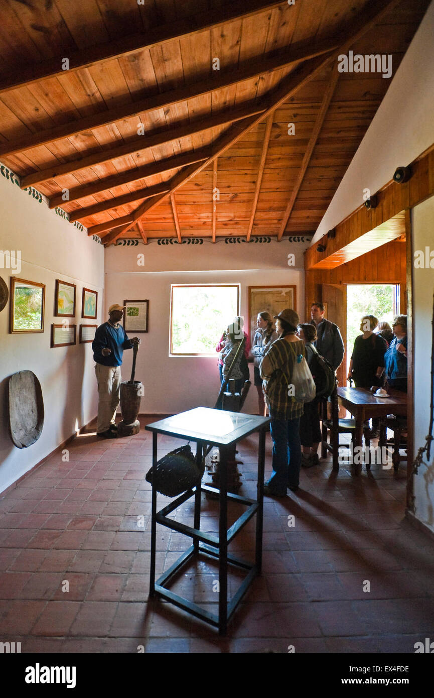Vertical view of tourists and their tour leader inside the Coffee Museum in Topes de Collantes National Park in Cuba. Stock Photo