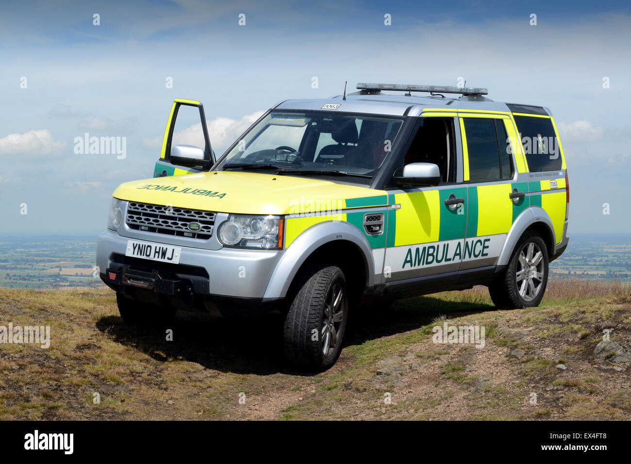 West Midlands Ambulance Service Land Rover rescue vehicle on the Wrekin Hill in Shropshire Stock Photo