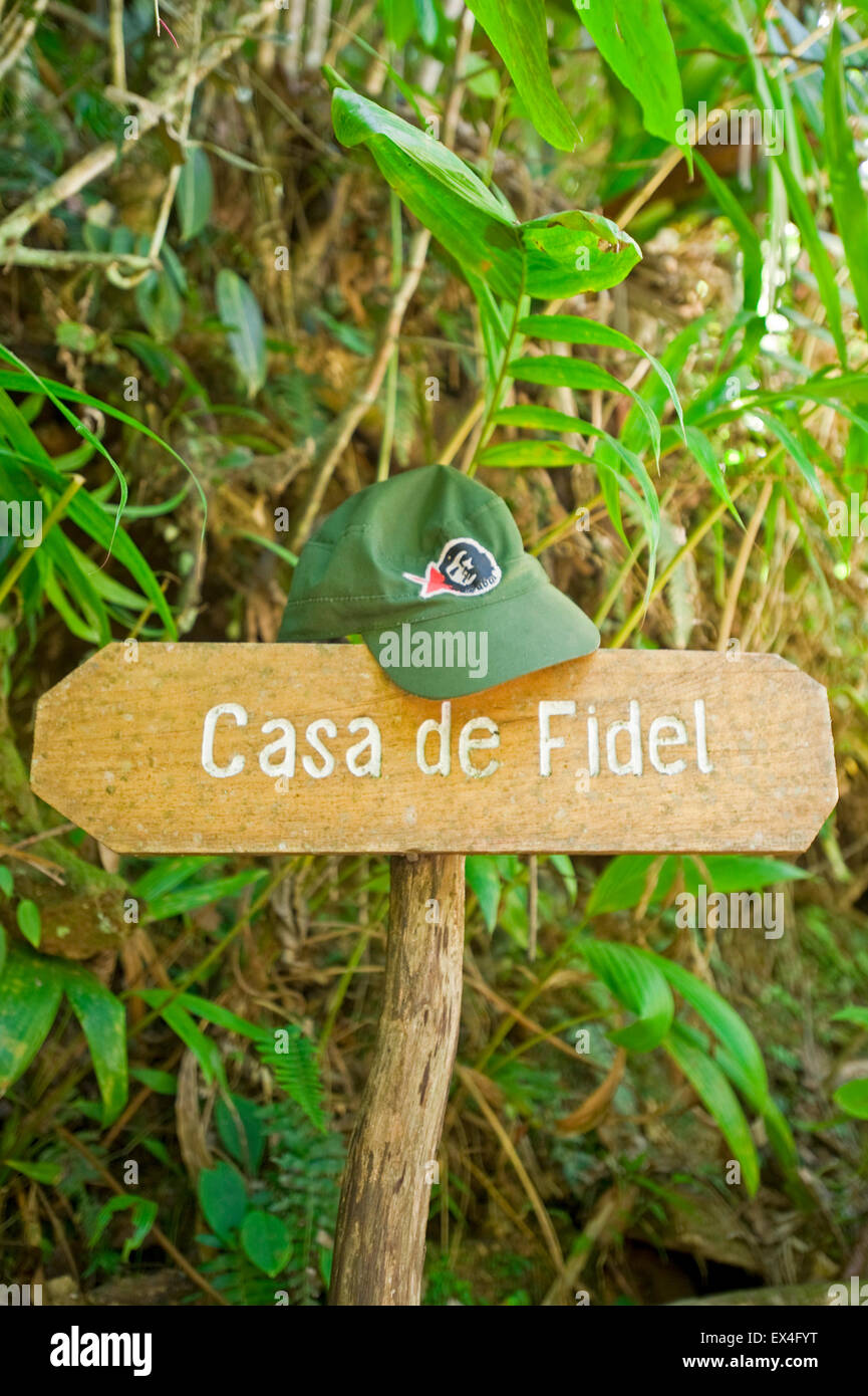 Vertical view of the Casa de Fidel signpost in Turquino National Park, Cuba. Stock Photo