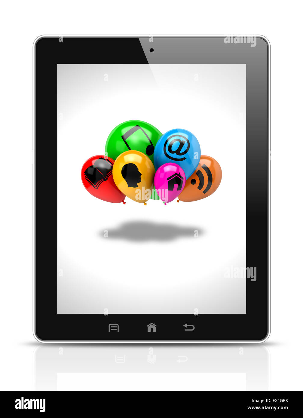 Tablet Pc Showing a Bunch of Balloons with Icon Symbols on White ...