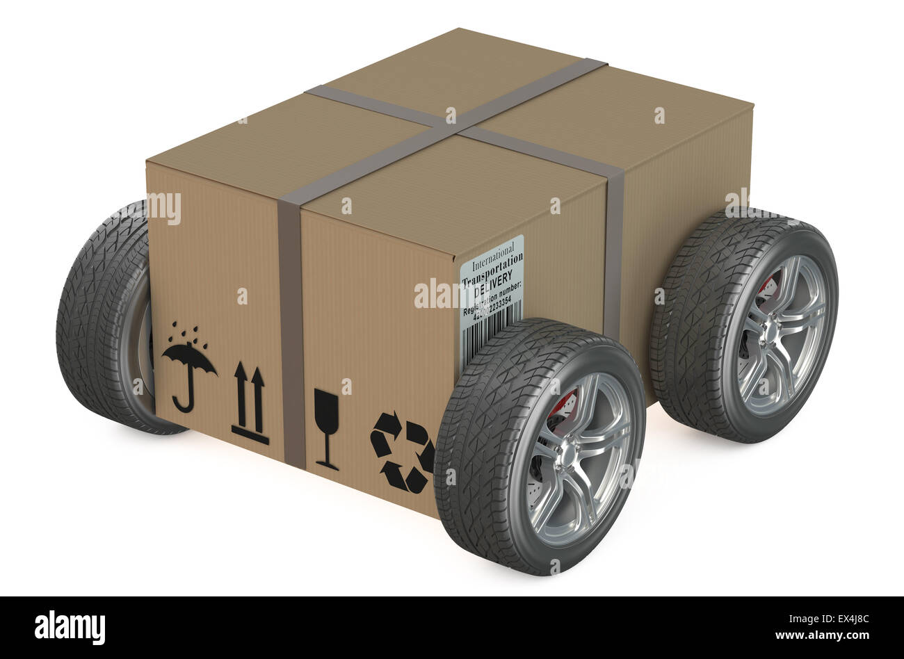 Cardboard box with wheels - shipping concept isolated on white background Stock Photo