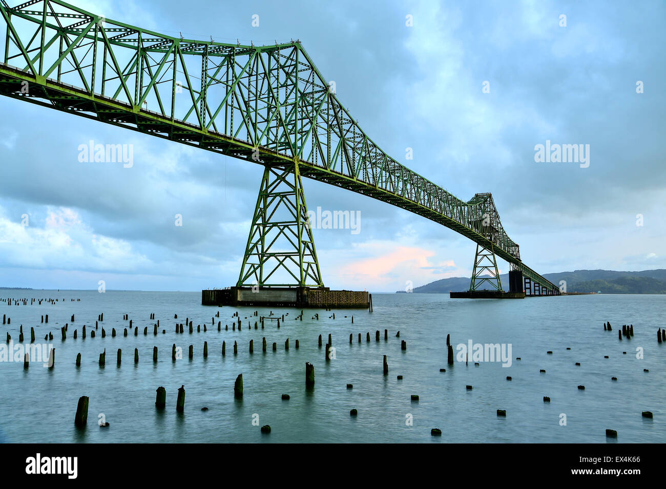 Astoria-Megler Bridge, Columbia River and wood pylons, Astoria, Oregon USA Stock Photo