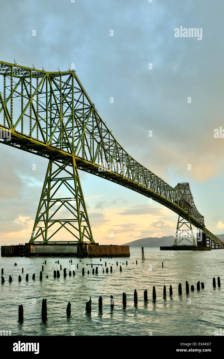 Astoria-Megler Bridge, Columbia River and wood pylons, Astoria, Oregon USA Stock Photo