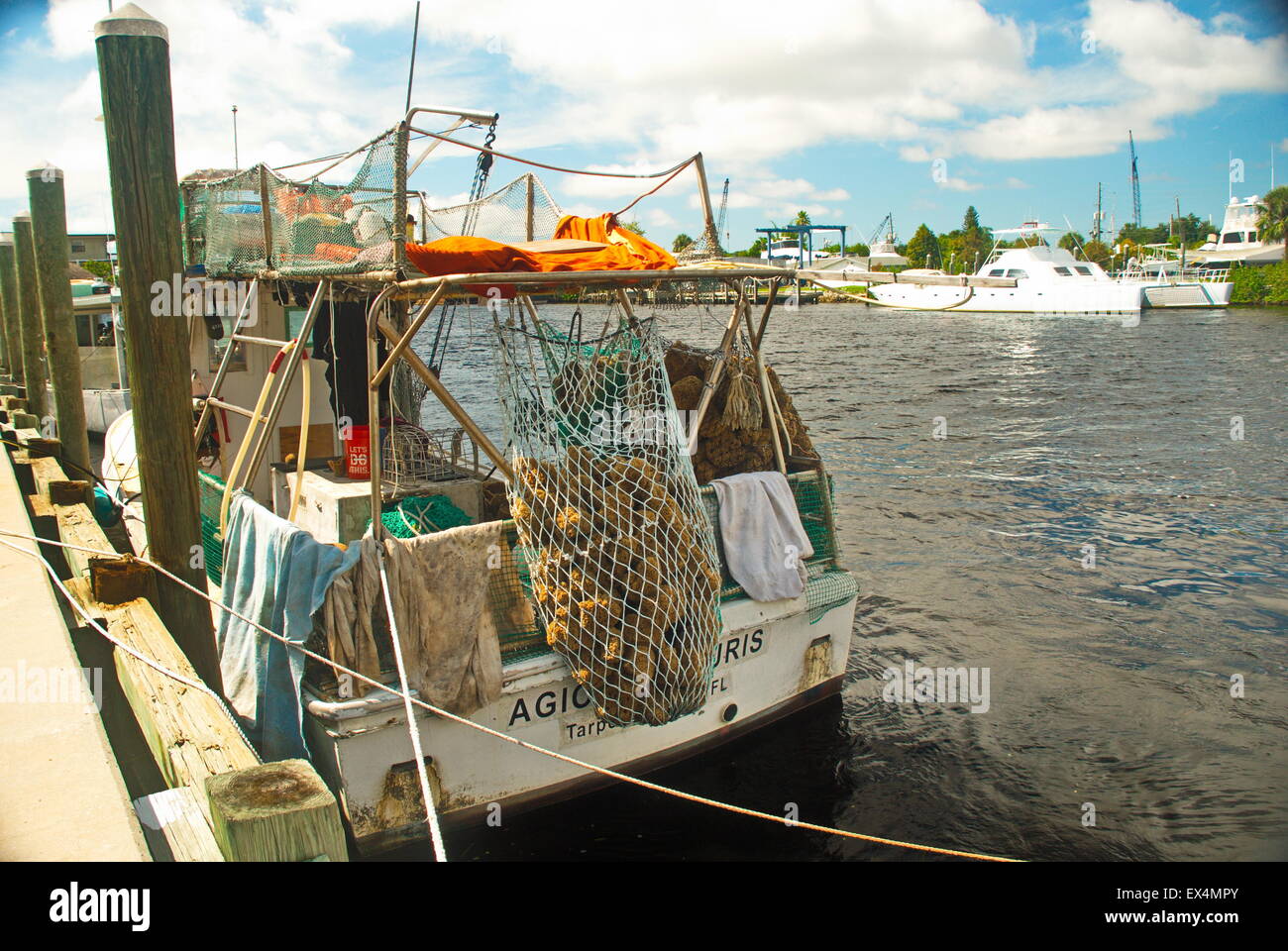 Tarpon Springs, Florida harbor with sponge diving boat at the dock. Stock Photo