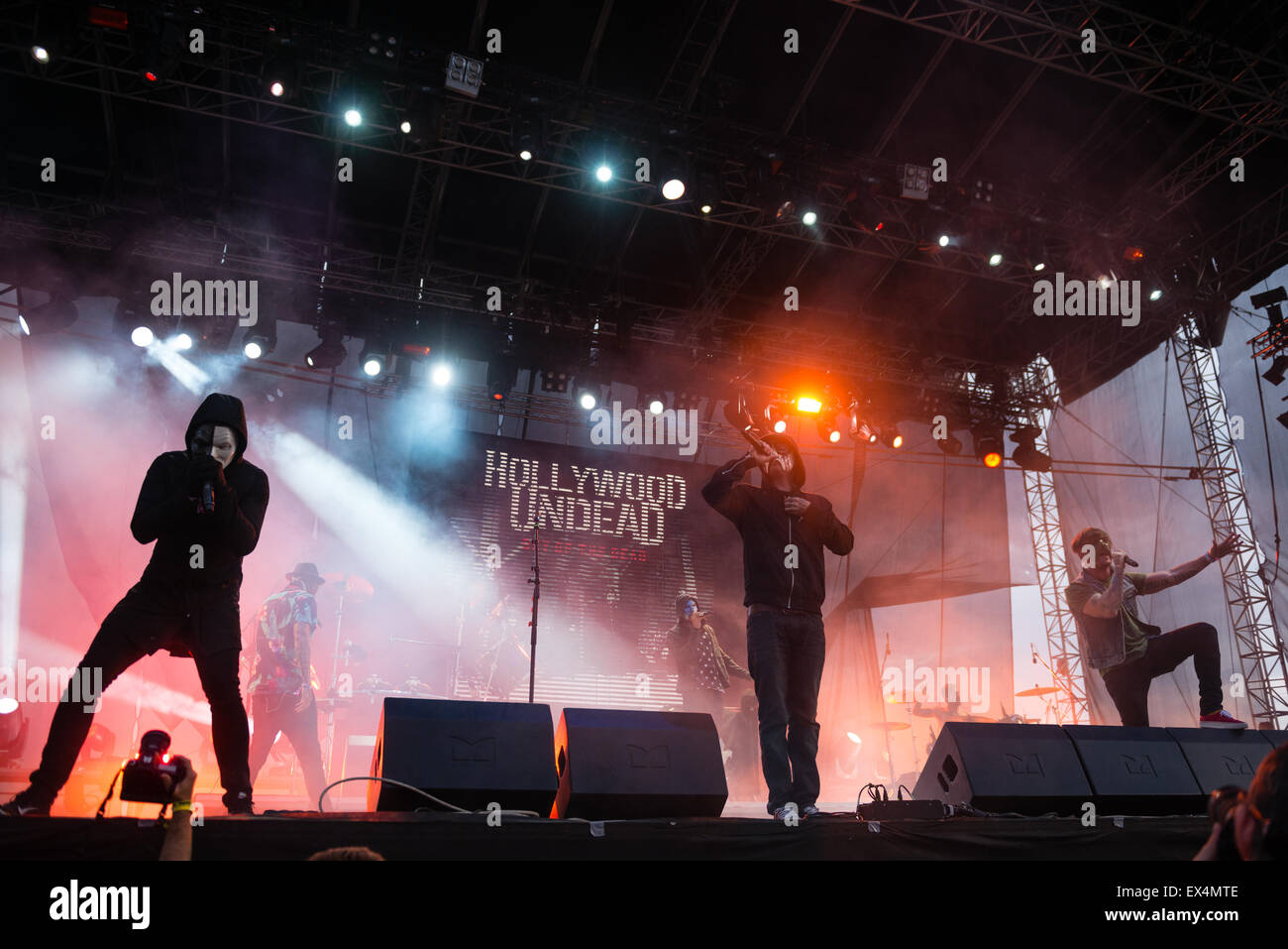 PIESTANY, SLOVAKIA - JUNE 27 2015: American rap rock band band Hollywood Undead performs on music festival Topfest in Piestany Stock Photo