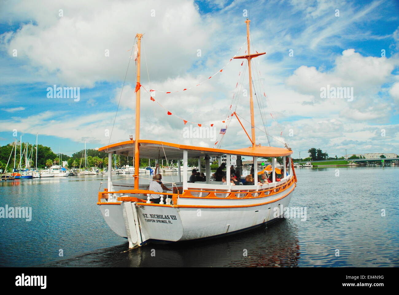Sponge diver boat takes tourists out in Tarpon Springs, Florida. Stock Photo